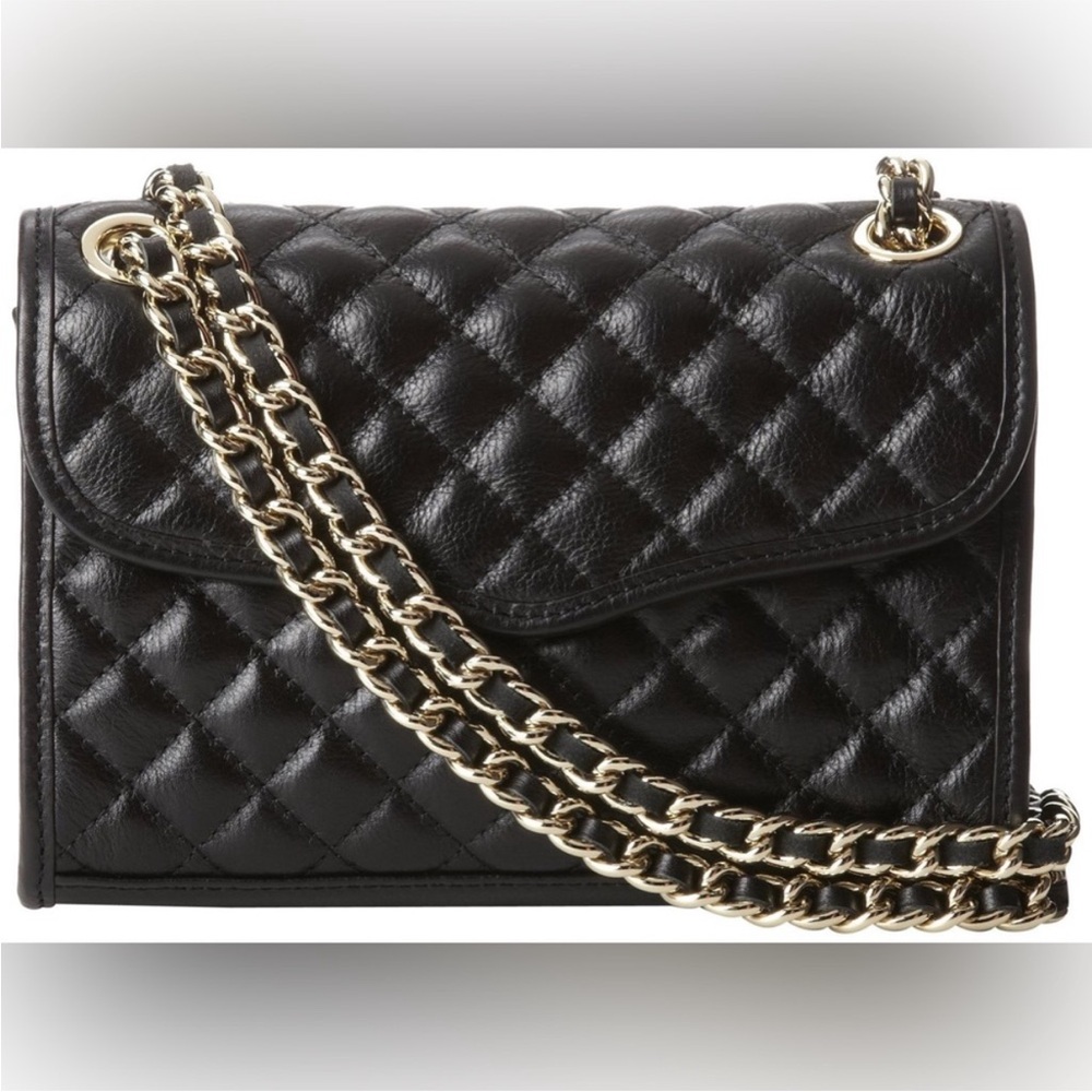 REBECCA MINKOFF BLACK LEATHER QUILTED PURSE 2 WAY SHOULDER CROSSBODY GOLD CHAIN - Picture 4 of 13